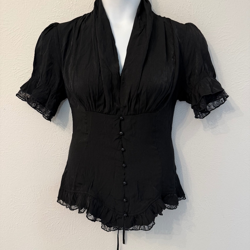 NWT Scarlet Darkness size L black Victorian Blouse Lace Back Bombshell Gothic